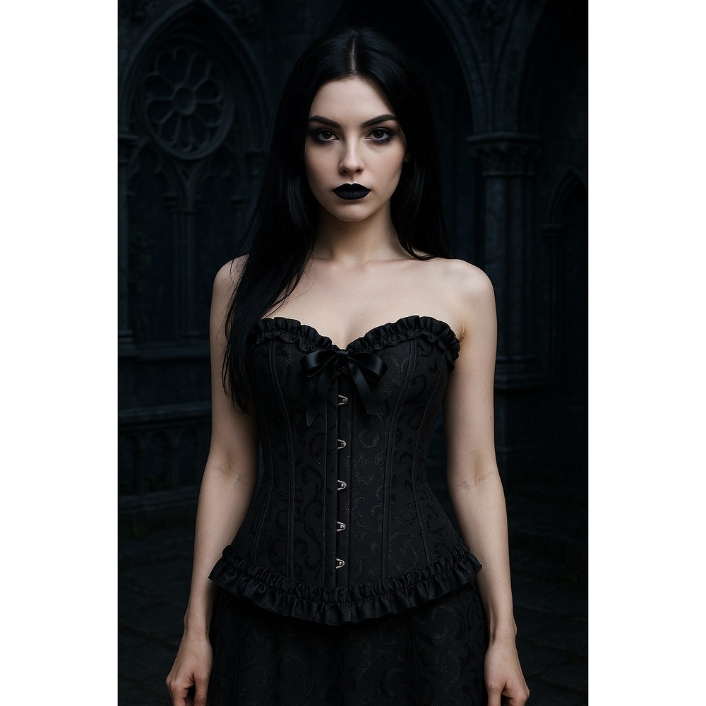 Black Brocade Gothic Corset Top Medium Ruffle Trim & Lace-Up‎ Back